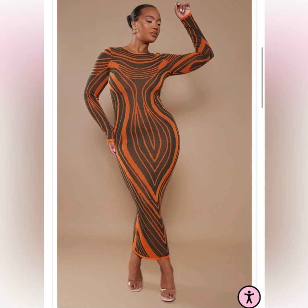 PrettyLittleThing Striking Orange and Black Long Sleeve Dress